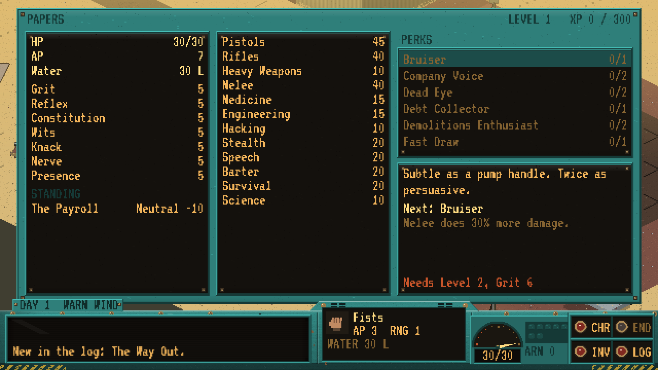 Your papers: nine attributes, sixteen skills, perks with names like Messy Business and Percussive Maintenance.
